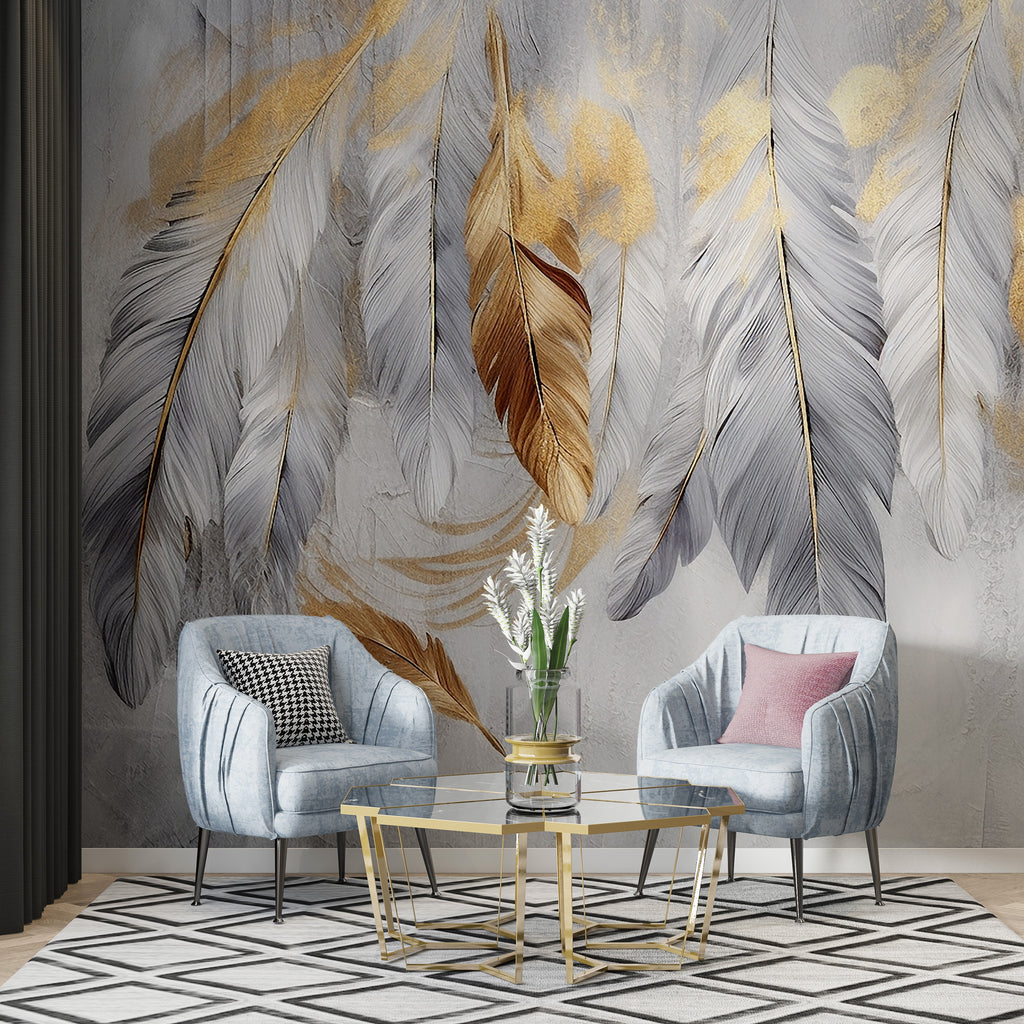 Gold and Grey Feather Wallpaper : Hanging Feathers Mural - View 4