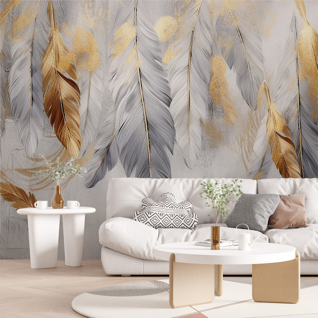 Gold and Grey Feather Wallpaper : Hanging Feathers Mural - View 5