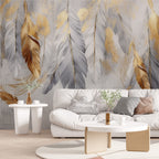 Gold and Grey Feather Wallpaper : Hanging Feathers Mural - View 5