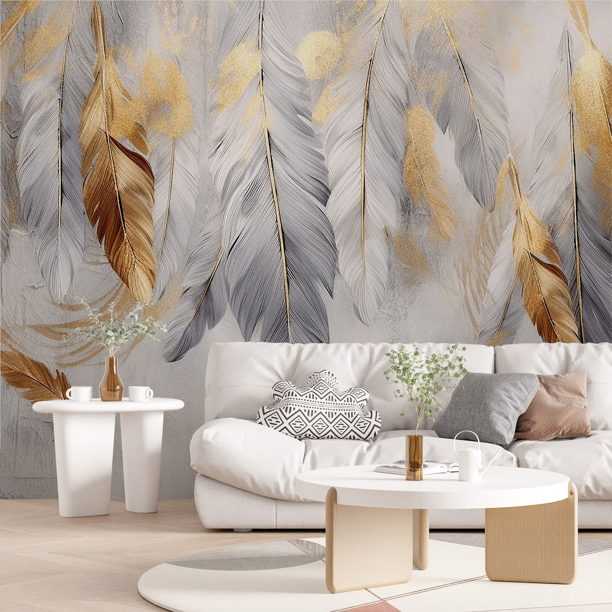 Gold and Grey Feather Wallpaper : Hanging Feathers Mural - View 5