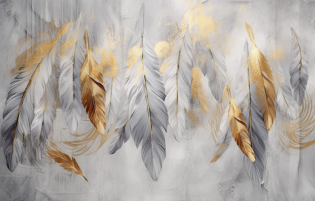 Gold and Grey Feather Wallpaper : Hanging Feathers Mural - flat design