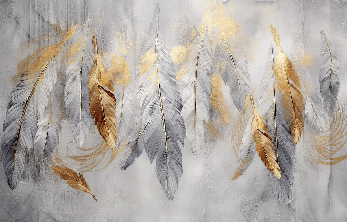 Gold and Grey Feather Wallpaper : Hanging Feathers Mural - flat design