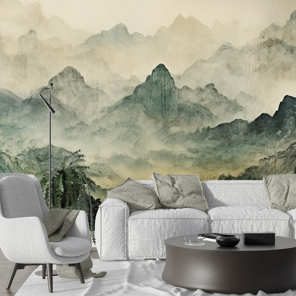 Misty Mountain Wallpaper : Green Ink Landscape Mural - View 2