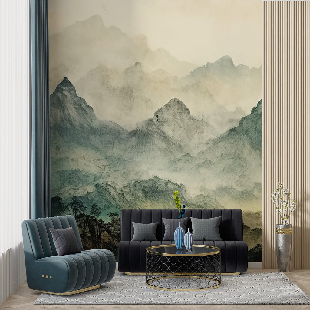 Misty Mountain Wallpaper : Green Ink Landscape Mural - View 3