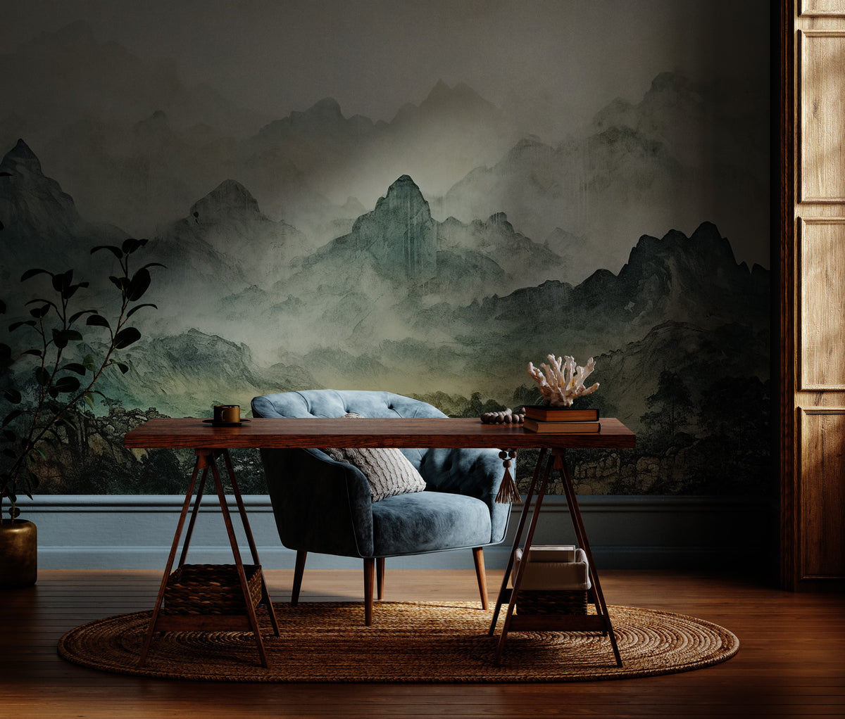 Misty Mountain Wallpaper : Green Ink Landscape Mural - View 4