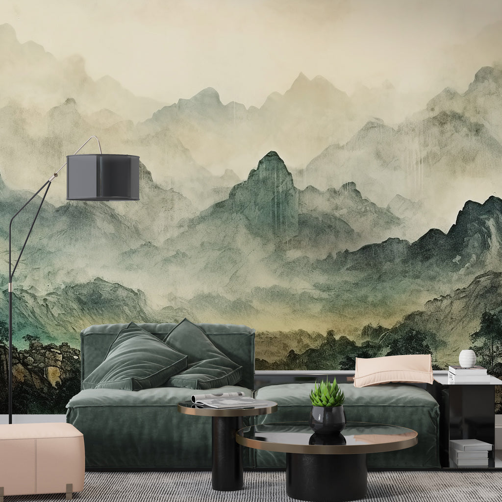 Misty Mountain Wallpaper : Green Ink Landscape Mural - View 5