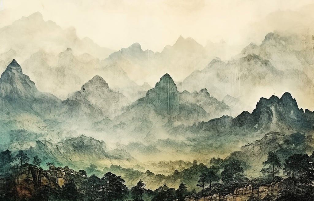 Misty Mountain Wallpaper : Green Ink Landscape Mural - flat design