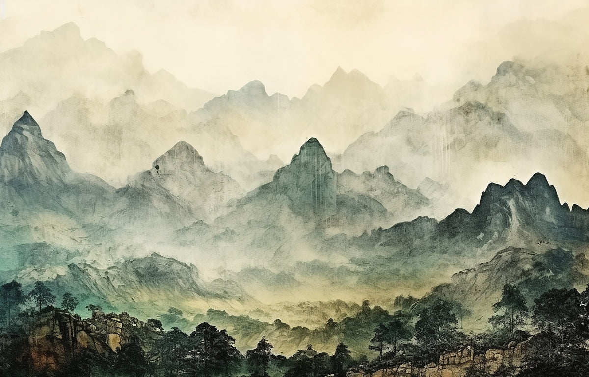 Misty Mountain Wallpaper : Green Ink Landscape Mural - flat design