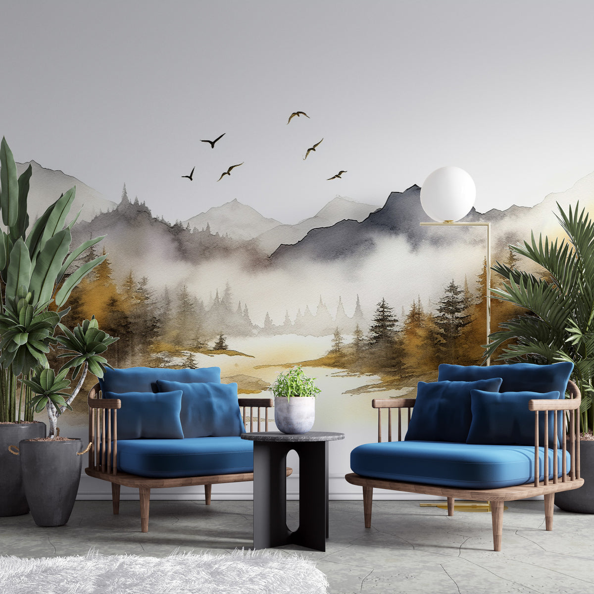 Golden Pine Forest Wallpaper : Watercolor Mountain Lake Mural