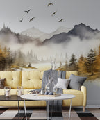 Golden Pine Forest Wallpaper : Watercolor Mountain Lake Mural - View 3