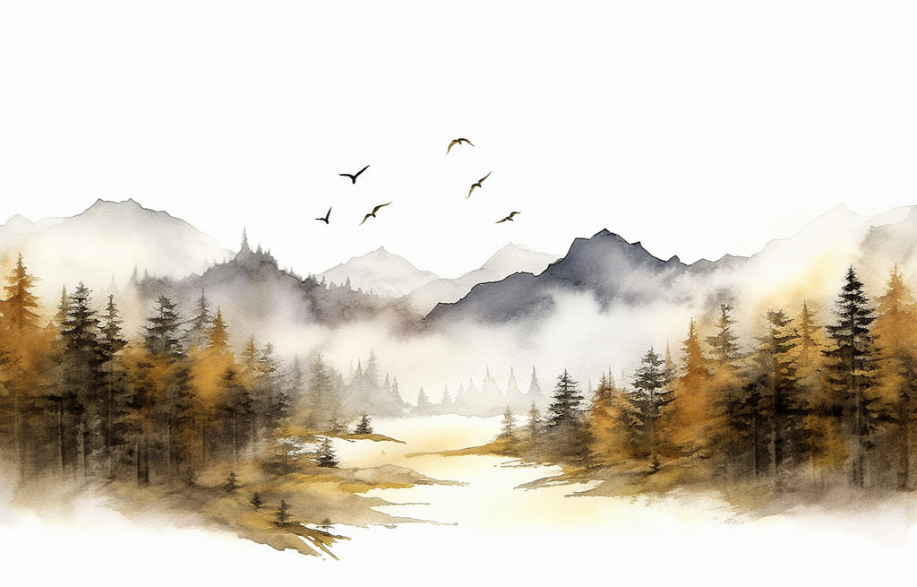 Golden Pine Forest Wallpaper : Watercolor Mountain Lake Mural - flat design