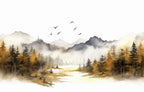 Golden Pine Forest Wallpaper : Watercolor Mountain Lake Mural - flat design