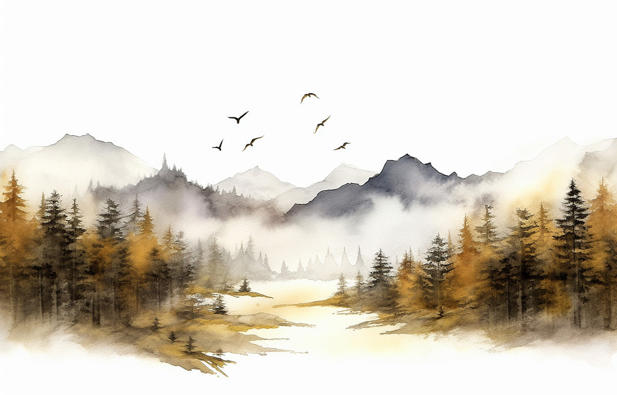 Golden Pine Forest Wallpaper : Watercolor Mountain Lake Mural - flat design