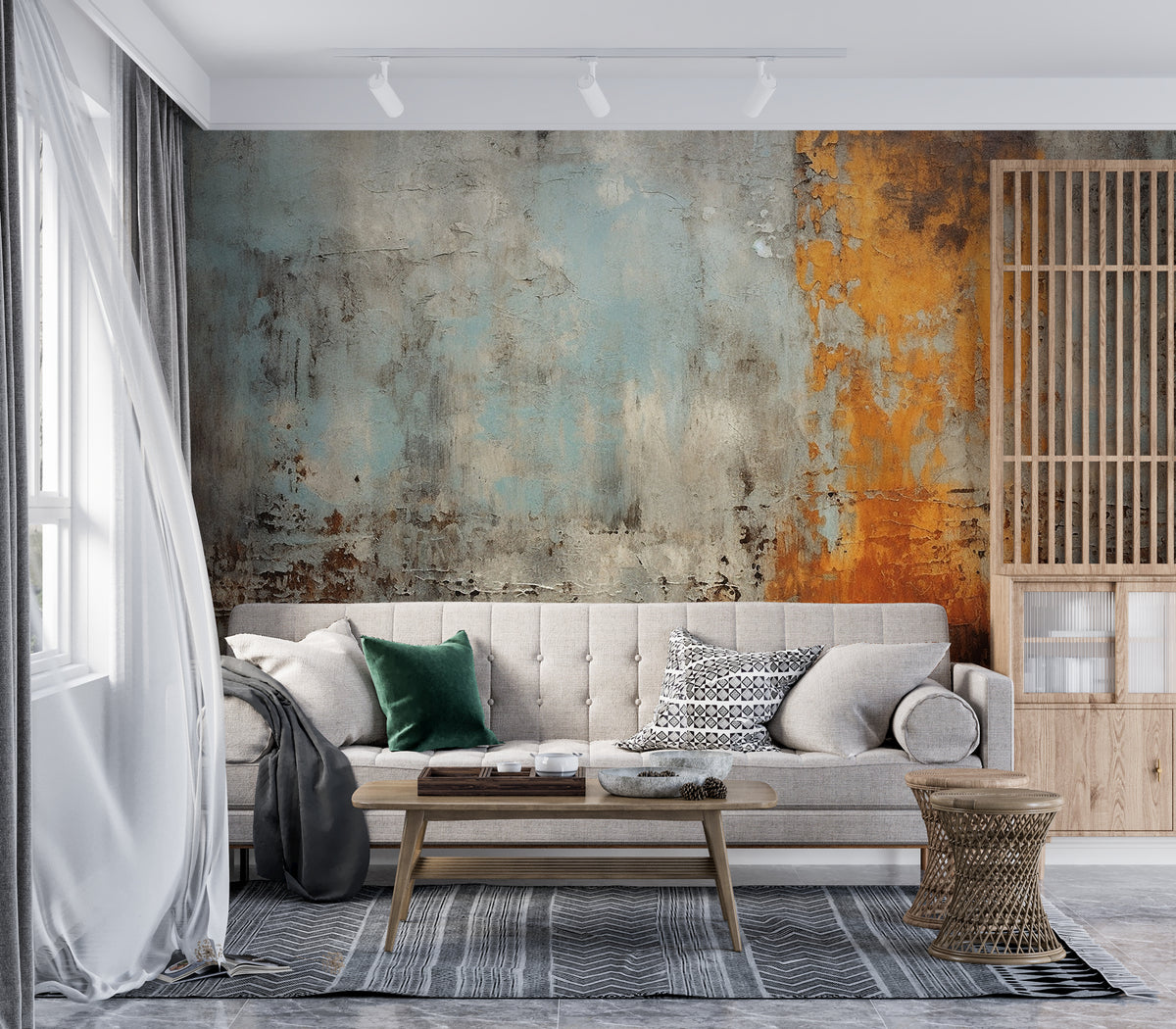 Rust and Teal Concrete Wallpaper : Industrial Distressed Wall Mural - View 3