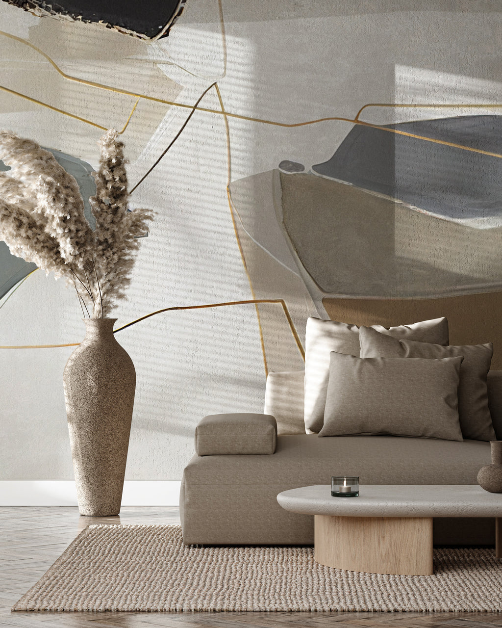 Abstract Shapes Wallpaper : Grey and Taupe Gold Line Mural