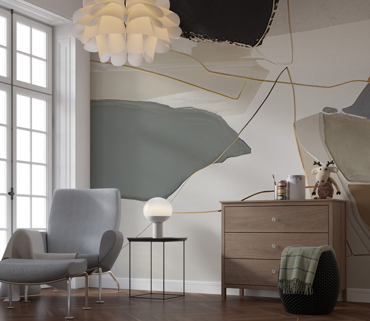 Abstract Shapes Wallpaper : Grey and Taupe Gold Line Mural - View 2