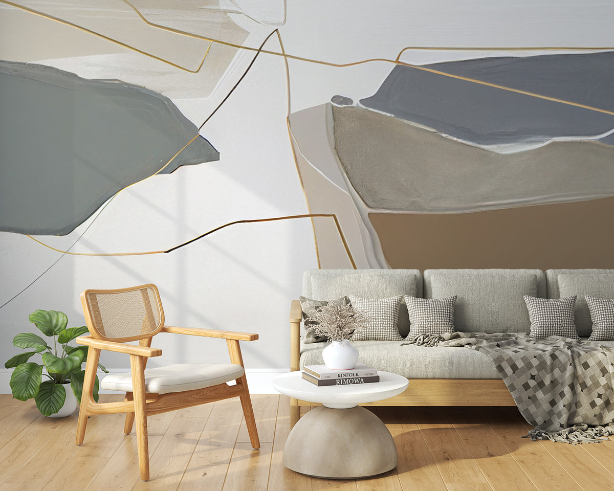 Abstract Shapes Wallpaper : Grey and Taupe Gold Line Mural - View 3