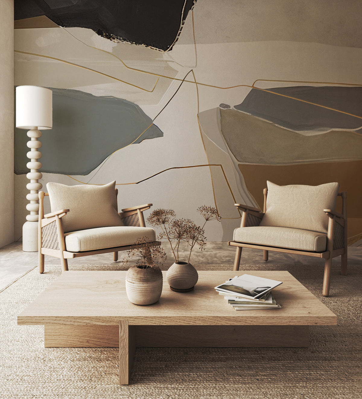 Abstract Shapes Wallpaper : Grey and Taupe Gold Line Mural - View 4