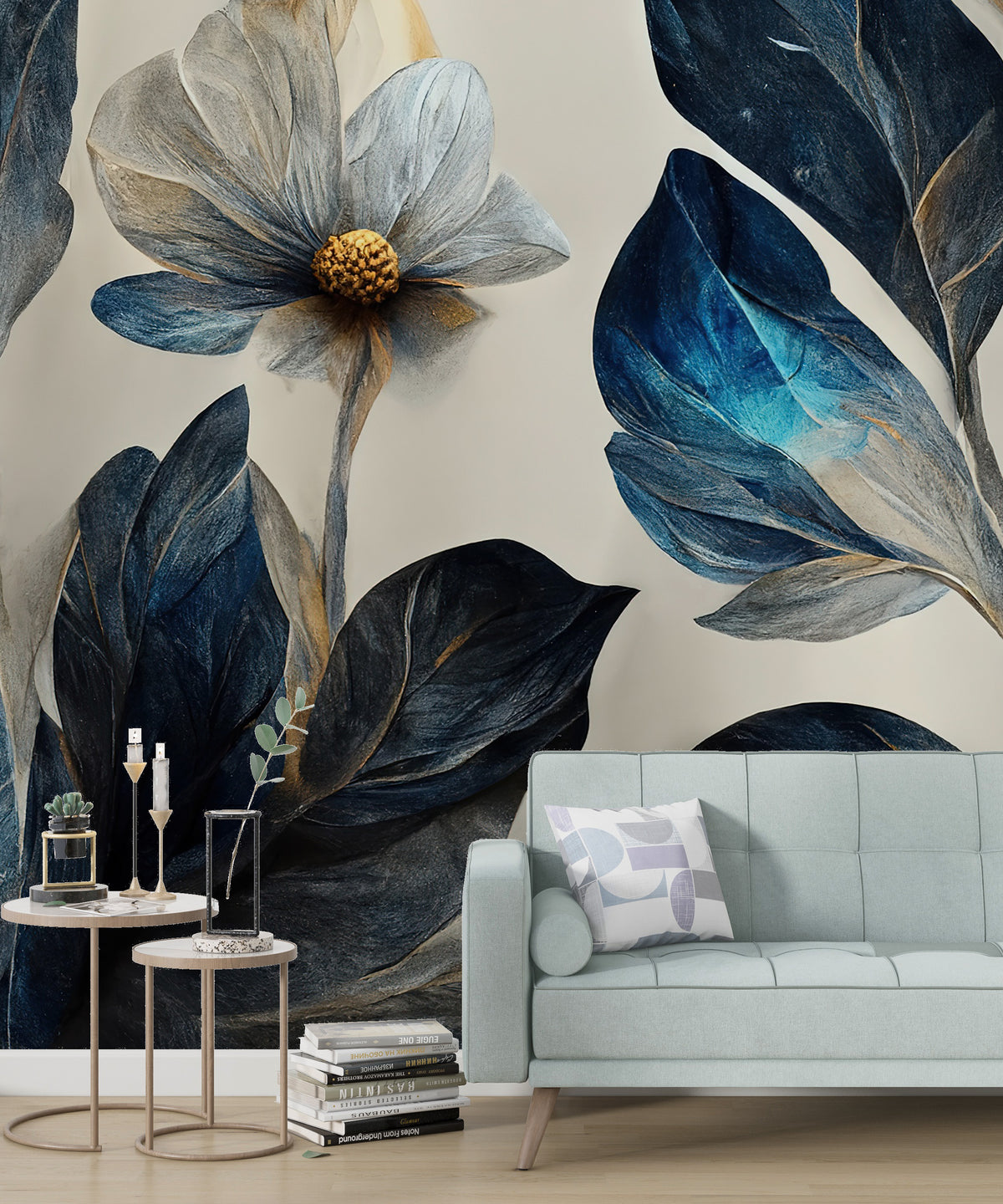 Navy and Gold Flower Wallpaper : Oversized Painted Floral Mural - View 2