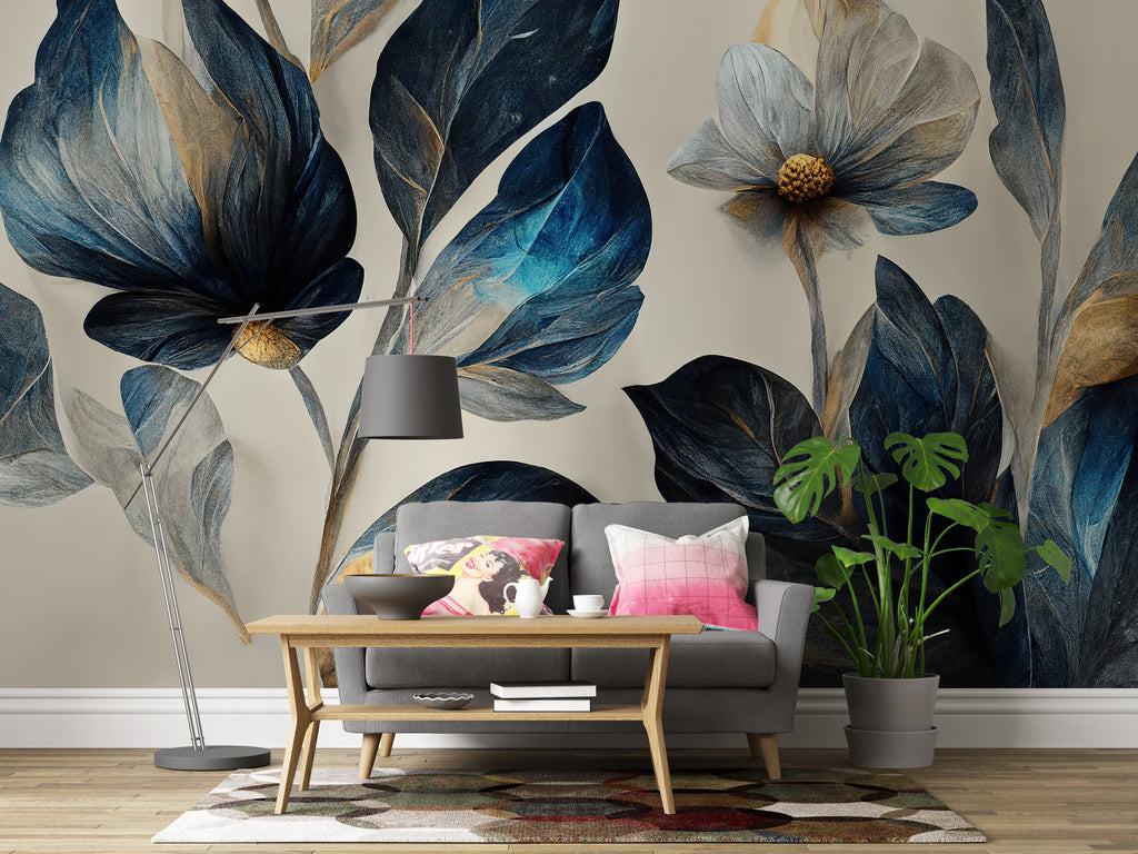Navy and Gold Flower Wallpaper : Oversized Painted Floral Mural - View 3