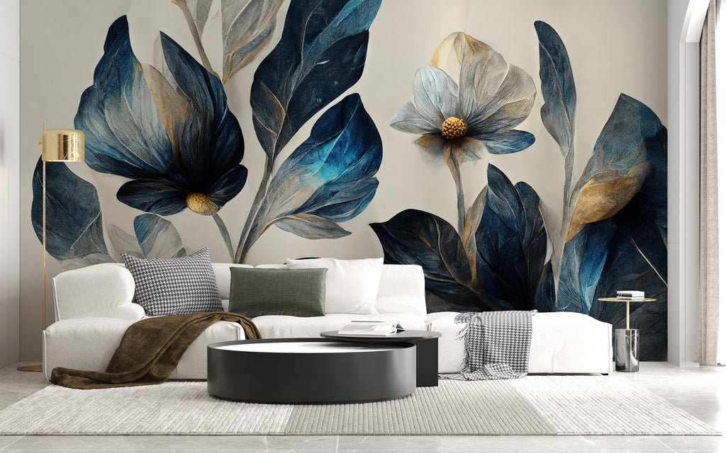 Navy and Gold Flower Wallpaper : Oversized Painted Floral Mural
