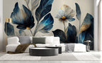 Navy and Gold Flower Wallpaper : Oversized Painted Floral Mural