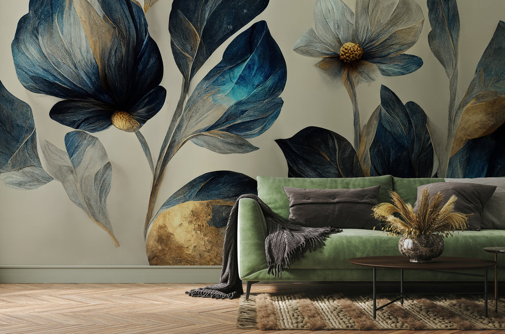 Navy and Gold Flower Wallpaper : Oversized Painted Floral Mural - View 4