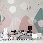 Pastel Mountain Wallpaper : Pink and Teal Hot Air Balloon Kids Mural - View 2