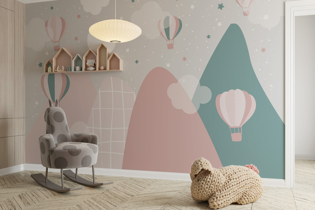 Pastel Mountain Wallpaper : Pink and Teal Hot Air Balloon Kids Mural - View 3