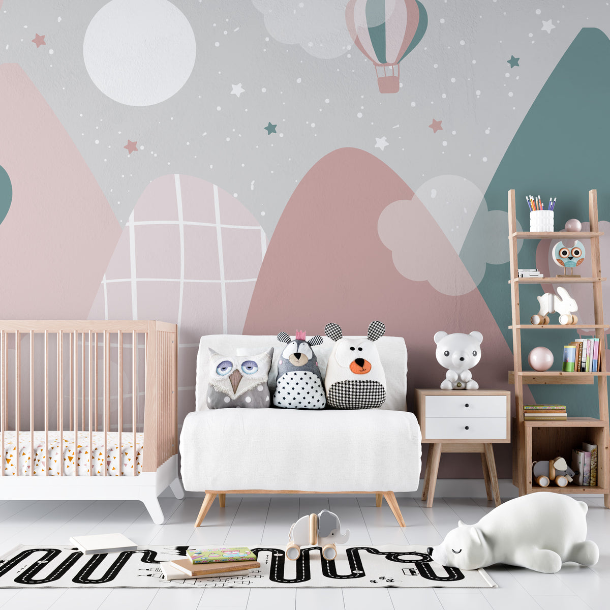 Pastel Mountain Wallpaper : Pink and Teal Hot Air Balloon Kids Mural - View 4