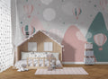Pastel Mountain Wallpaper : Pink and Teal Hot Air Balloon Kids Mural