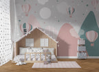 Pastel Mountain Wallpaper : Pink and Teal Hot Air Balloon Kids Mural