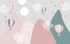 Pastel Mountain Wallpaper : Pink and Teal Hot Air Balloon Kids Mural - flat design