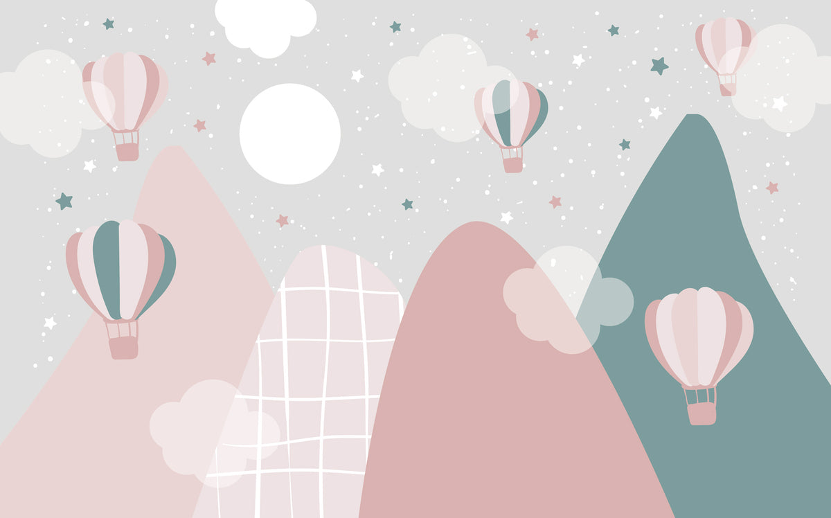 Pastel Mountain Wallpaper : Pink and Teal Hot Air Balloon Kids Mural - flat design
