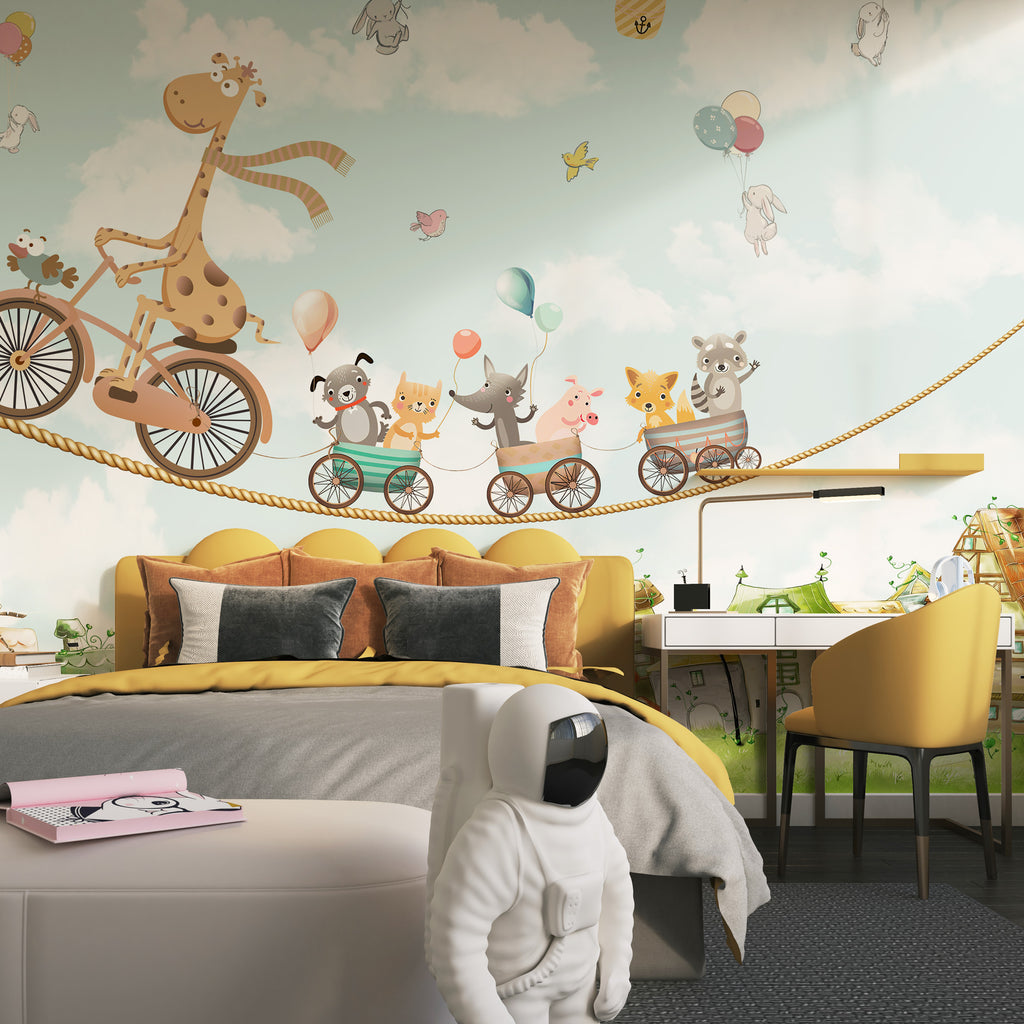 Giraffe Tightrope Wallpaper : Balloons and Circus Animals Kids Mural - View 2
