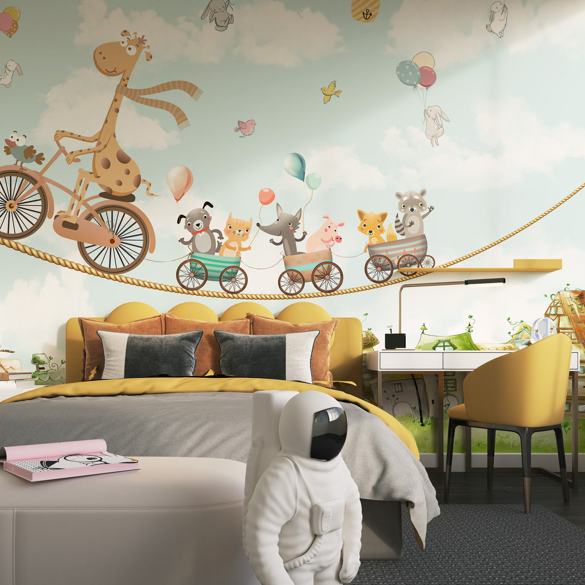 Giraffe Tightrope Wallpaper : Balloons and Circus Animals Kids Mural - View 2