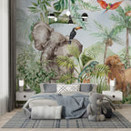 Jungle Safari Wallpaper : Elephant, Giraffe and Lion Mural - View 2