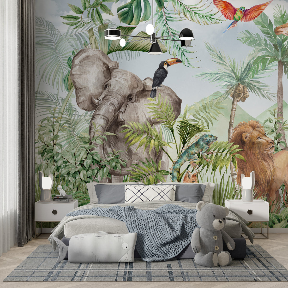 Jungle Safari Wallpaper : Elephant, Giraffe and Lion Mural - View 2