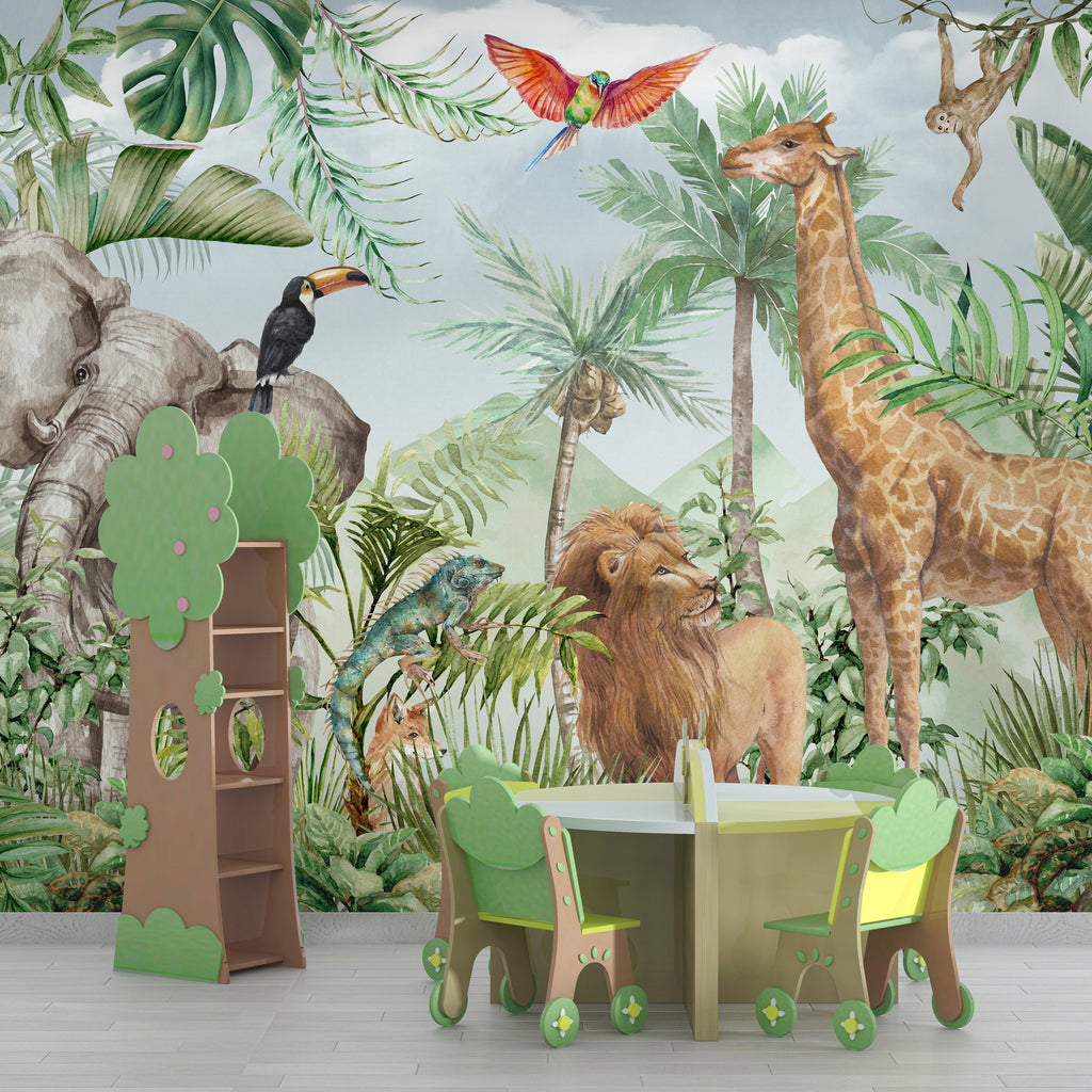 Jungle Safari Wallpaper : Elephant, Giraffe and Lion Mural