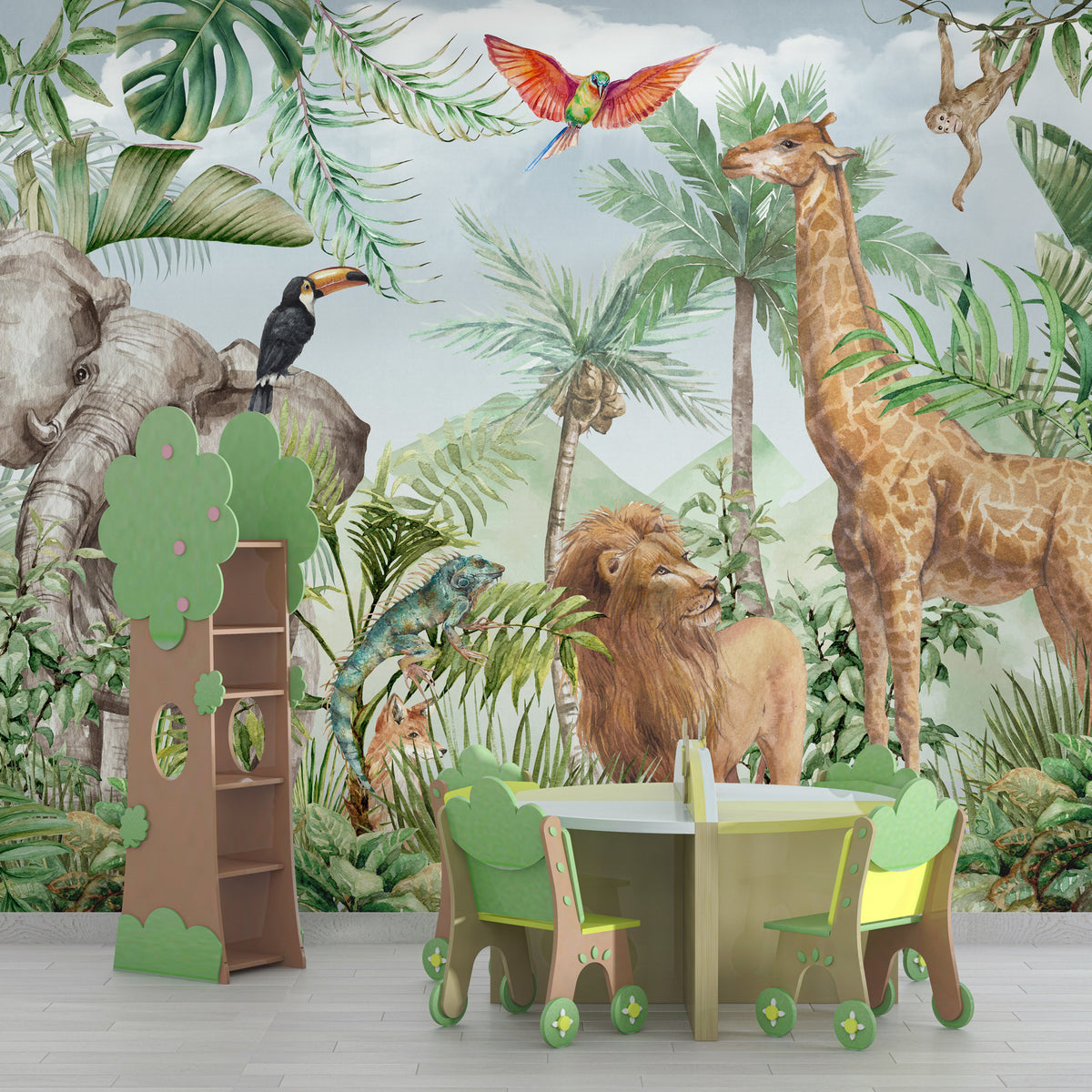 Jungle Safari Wallpaper : Elephant, Giraffe and Lion Mural