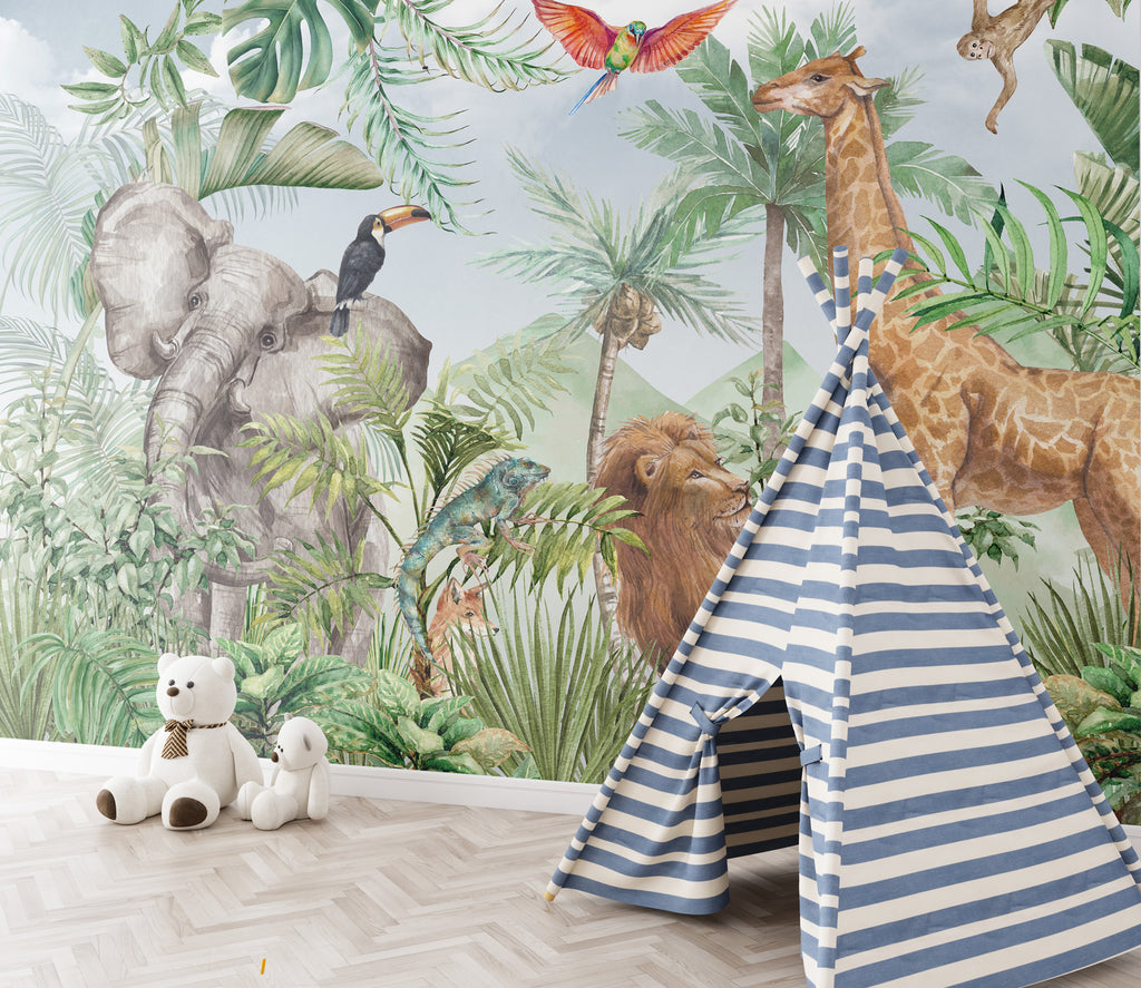 Jungle Safari Wallpaper : Elephant, Giraffe and Lion Mural - View 3