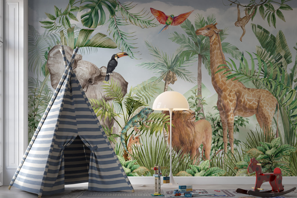 Jungle Safari Wallpaper : Elephant, Giraffe and Lion Mural - View 4