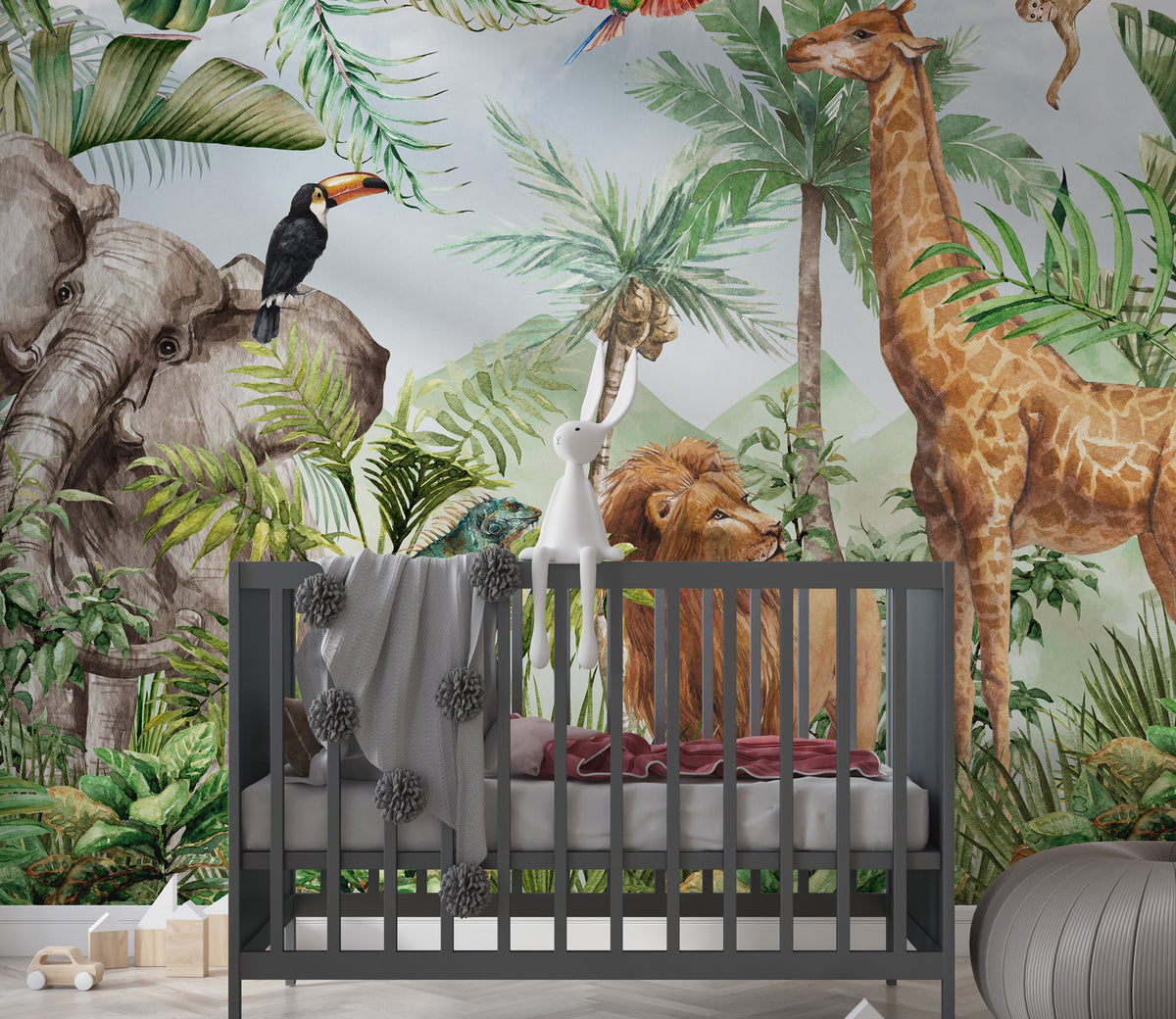 Jungle Safari Wallpaper : Elephant, Giraffe and Lion Mural - View 5