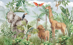 Jungle Safari Wallpaper : Elephant, Giraffe and Lion Mural - flat design