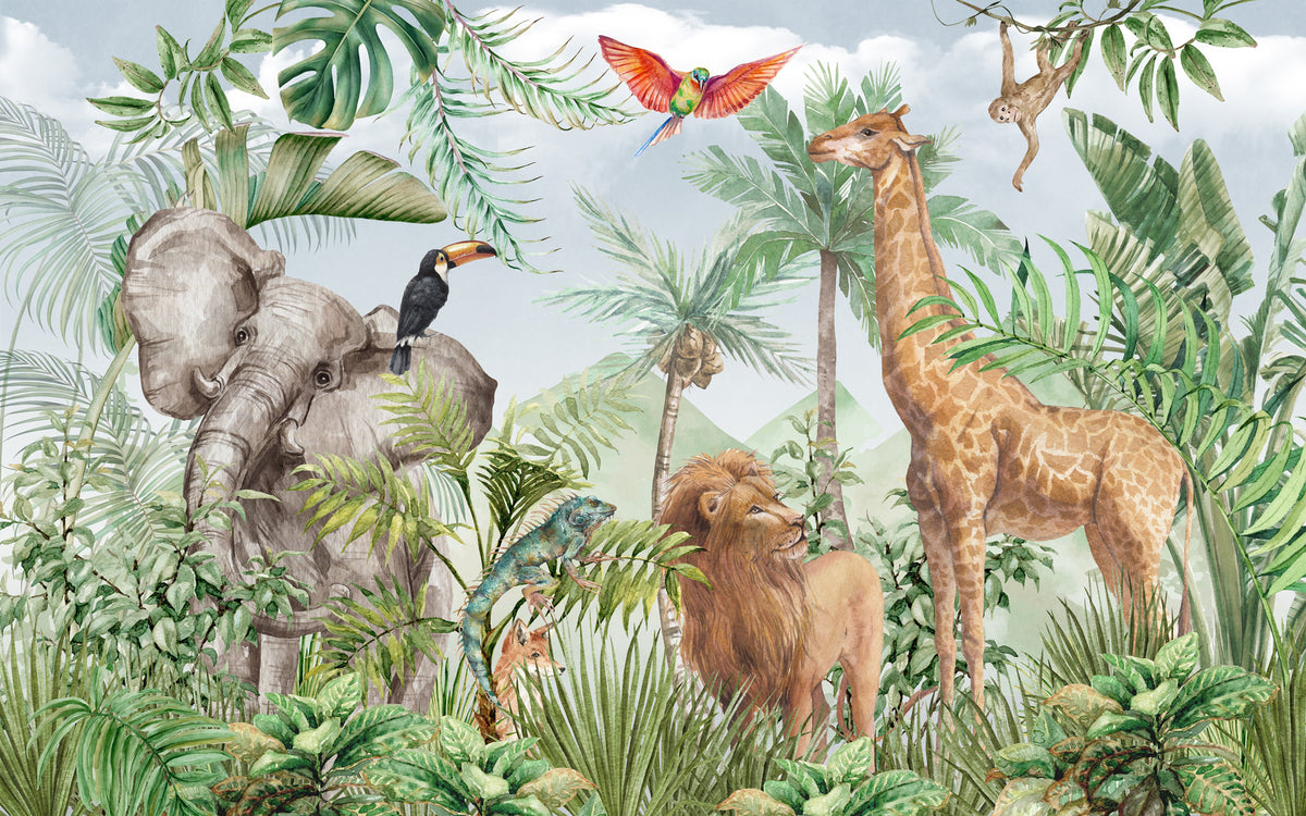 Jungle Safari Wallpaper : Elephant, Giraffe and Lion Mural - flat design