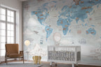 Blue Vintage World Map Wallpaper : Hot Air Balloons and Ships Kids Mural - View 2