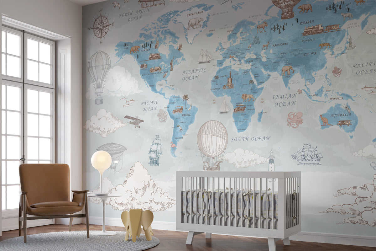 Blue Vintage World Map Wallpaper : Hot Air Balloons and Ships Kids Mural - View 2