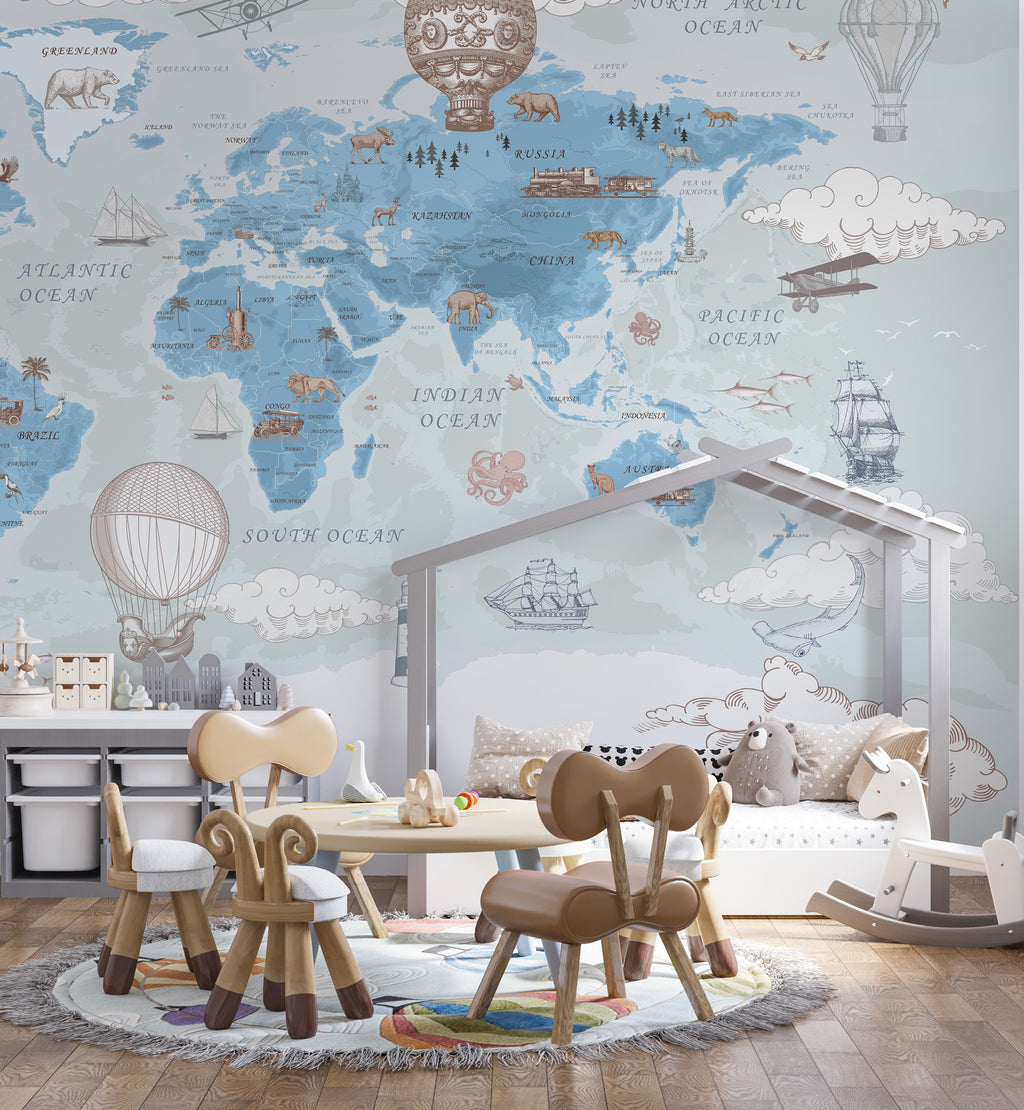 Blue Vintage World Map Wallpaper : Hot Air Balloons and Ships Kids Mural - View 3