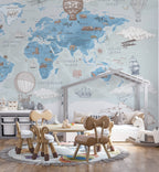 Blue Vintage World Map Wallpaper : Hot Air Balloons and Ships Kids Mural - View 3