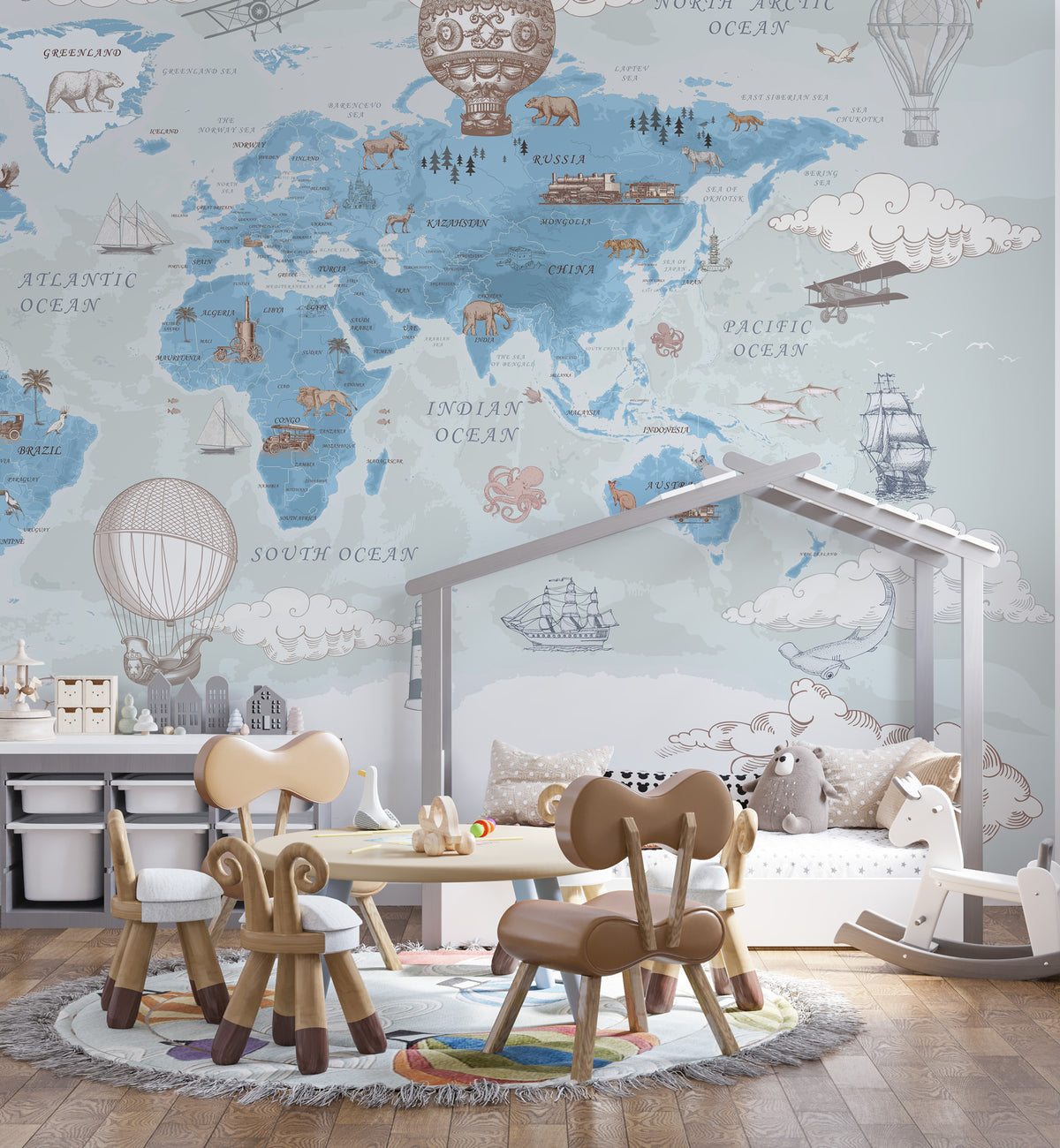 Blue Vintage World Map Wallpaper : Hot Air Balloons and Ships Kids Mural - View 3